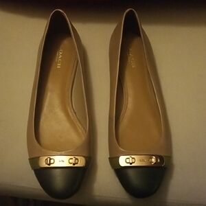 Coach Women's Beige Blue,Green  Flats with Gold Accent